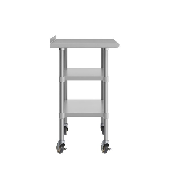 Flash Furniture Rawcliffe SS Work Table 24in. x 48in. w/1.5in. Backsplash, 2 Undershelves and 4 Casters, 2 Locking - NH-WT-GU-2448BSP-CAS-GG
