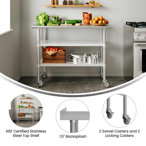 Flash Furniture Rawcliffe SS Work Table 24in. x 48in. w/1.5in. Backsplash, 2 Undershelves and 4 Casters, 2 Locking - NH-WT-GU-2448BSP-CAS-GG
