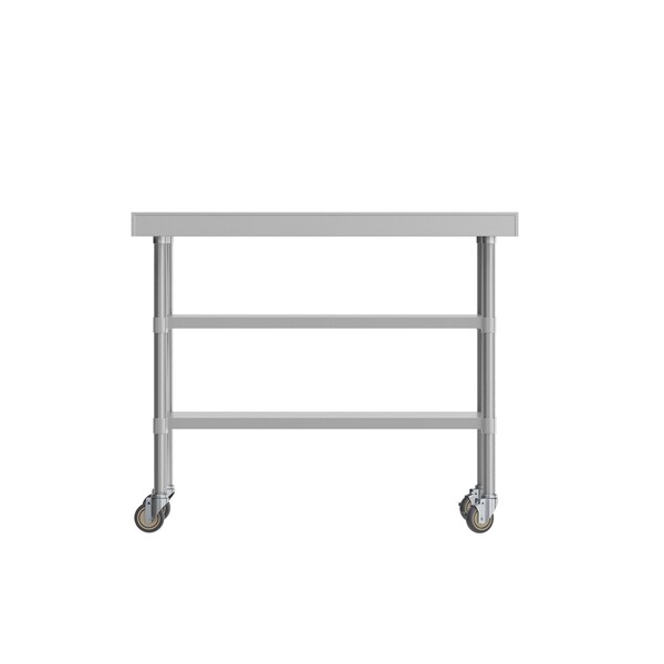 Flash Furniture Rawcliffe SS Work Table 24in. x 48in. w/1.5in. Backsplash, 2 Undershelves and 4 Casters, 2 Locking - NH-WT-GU-2448BSP-CAS-GG