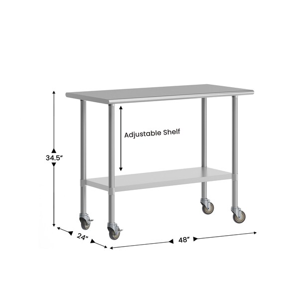 Flash Furniture Rawcliffe Work Table, 18 Gauge Stainless Steel Top Shelf, Undershelf and 4 Casters w/2 Locking - NH-WT-2448-CAS-GG