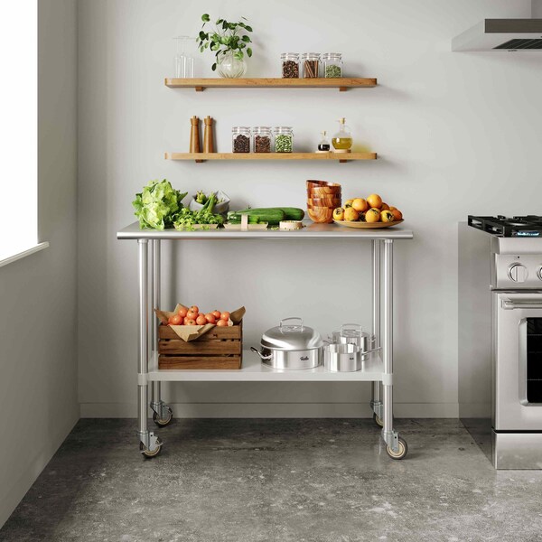 Flash Furniture Rawcliffe Work Table, 18 Gauge Stainless Steel Top Shelf, Undershelf and 4 Casters w/2 Locking - NH-WT-2448-CAS-GG