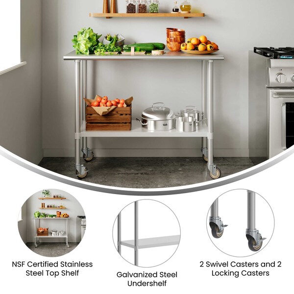 Flash Furniture Rawcliffe Work Table, 18 Gauge Stainless Steel Top Shelf, Undershelf and 4 Casters w/2 Locking - NH-WT-2448-CAS-GG