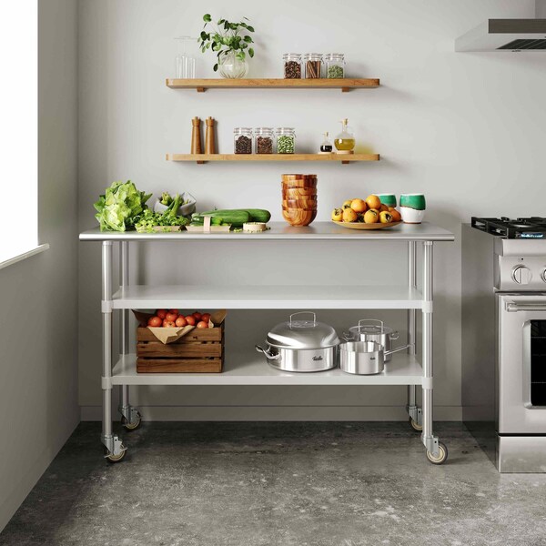 Flash Furniture Reese SS Work Table 24in. x 60in. w/1.5in. Backsplash, 2 Undershelves and 4 Casters, 2 Locking - NH-WT-GU-2460BSP-CAS-GG