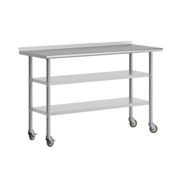 Flash Furniture Reese SS Work Table 24in. x 60in. w/1.5in. Backsplash, 2 Undershelves and 4 Casters, 2 Locking - NH-WT-GU-2460BSP-CAS-GG