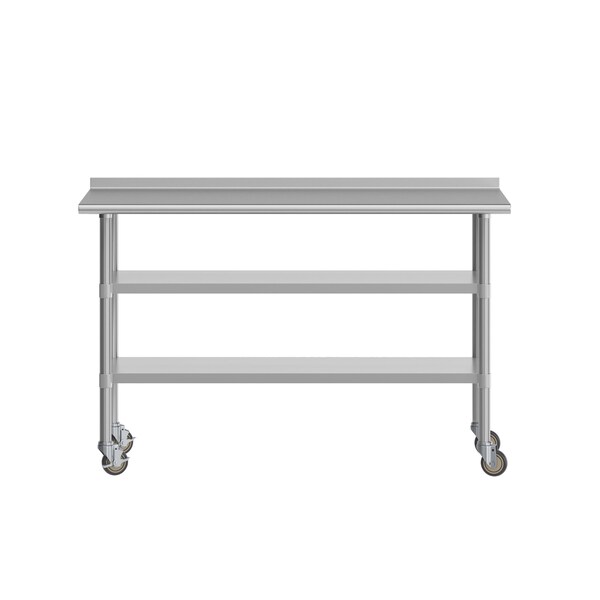 Flash Furniture Reese SS Work Table 24in. x 60in. w/1.5in. Backsplash, 2 Undershelves and 4 Casters, 2 Locking - NH-WT-GU-2460BSP-CAS-GG