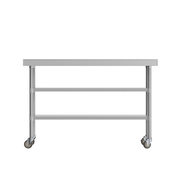 Flash Furniture Reese SS Work Table 24in. x 60in. w/1.5in. Backsplash, 2 Undershelves and 4 Casters, 2 Locking - NH-WT-GU-2460BSP-CAS-GG