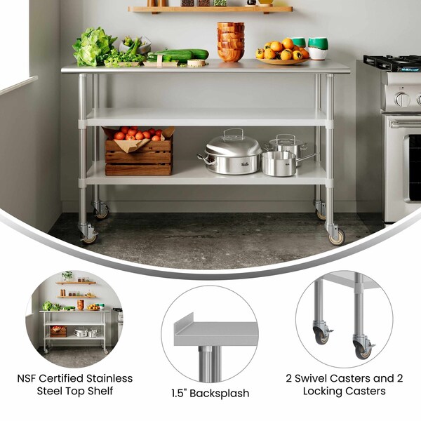 Flash Furniture Reese SS Work Table 24in. x 60in. w/1.5in. Backsplash, 2 Undershelves and 4 Casters, 2 Locking - NH-WT-GU-2460BSP-CAS-GG