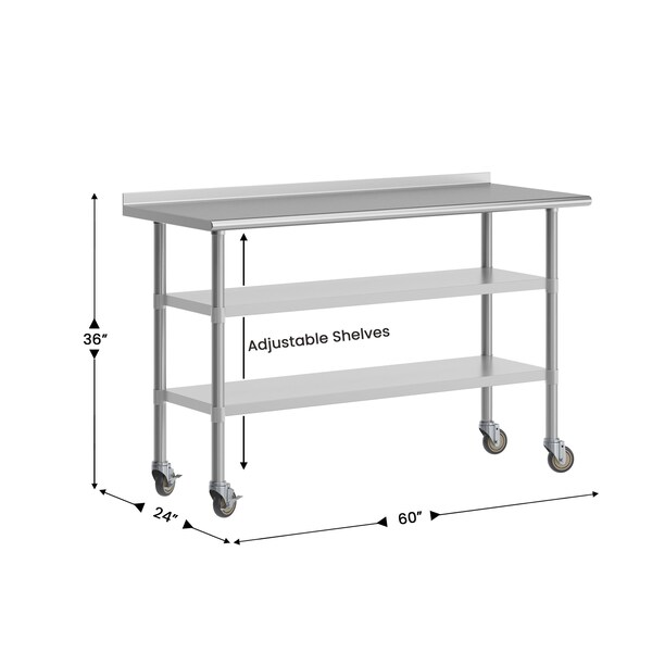 Flash Furniture Reese SS Work Table 24in. x 60in. w/1.5in. Backsplash, 2 Undershelves and 4 Casters, 2 Locking - NH-WT-GU-2460BSP-CAS-GG