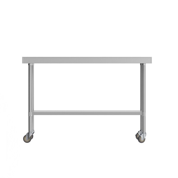 Flash Furniture Reese Work Table, Stainless Steel Top Shelf, 1.5in. Backsplash, Undershelf, 4 Casters, 2 Locking - NH-WT-2460BSP-CAS-GG