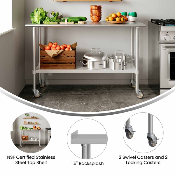 Flash Furniture Reese Work Table, Stainless Steel Top Shelf, 1.5in. Backsplash, Undershelf, 4 Casters, 2 Locking - NH-WT-2460BSP-CAS-GG
