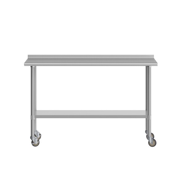 Flash Furniture Reese Work Table, Stainless Steel Top Shelf, 1.5in. Backsplash, Undershelf, 4 Casters, 2 Locking - NH-WT-2460BSP-CAS-GG