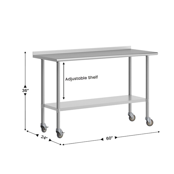 Flash Furniture Reese Work Table, Stainless Steel Top Shelf, 1.5in. Backsplash, Undershelf, 4 Casters, 2 Locking - NH-WT-2460BSP-CAS-GG