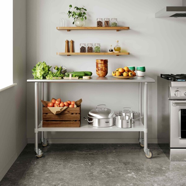 Flash Furniture Reese Work Table, Stainless Steel Top Shelf, 1.5in. Backsplash, Undershelf, 4 Casters, 2 Locking - NH-WT-2460BSP-CAS-GG