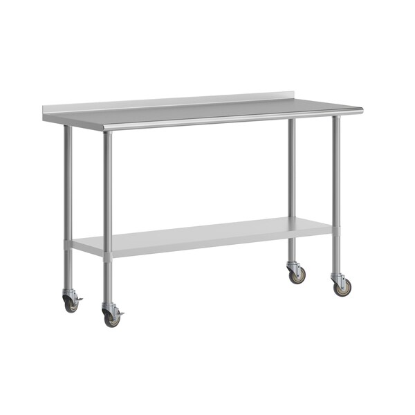 Flash Furniture Reese Work Table, Stainless Steel Top Shelf, 1.5in. Backsplash, Undershelf, 4 Casters, 2 Locking - NH-WT-2460BSP-CAS-GG