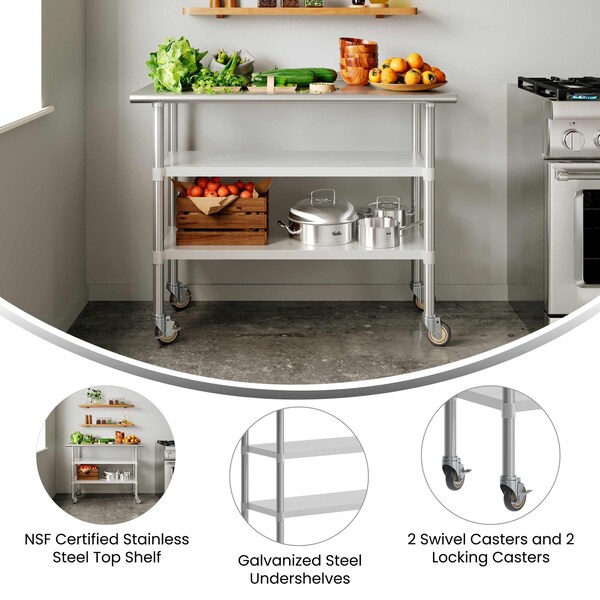 Flash Furniture Rawcliffe Stainless Steel Work Table 24in. x 48in. w/2 Undershelves and 4 Casters w/2 Locking - NH-WT-GU-2448-CAS-GG