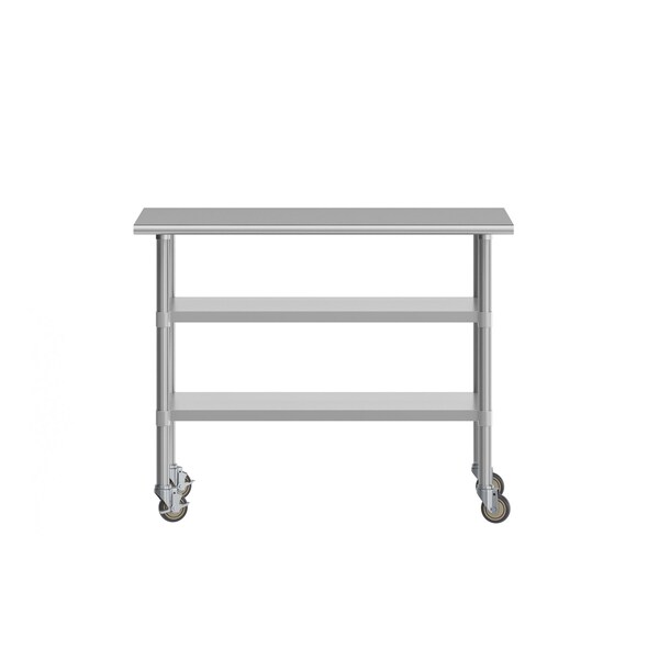 Flash Furniture Rawcliffe Stainless Steel Work Table 24in. x 48in. w/2 Undershelves and 4 Casters w/2 Locking - NH-WT-GU-2448-CAS-GG