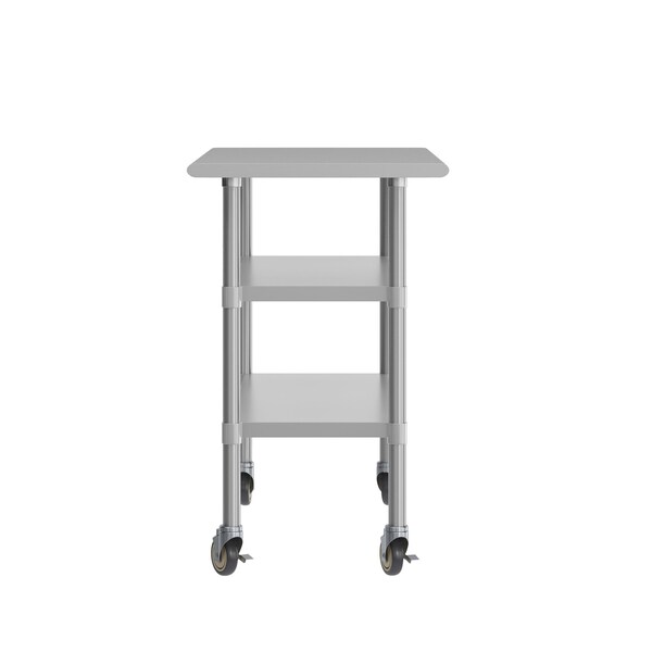 Flash Furniture Rawcliffe Stainless Steel Work Table 24in. x 48in. w/2 Undershelves and 4 Casters w/2 Locking - NH-WT-GU-2448-CAS-GG