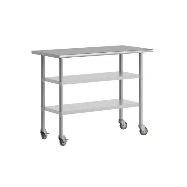Flash Furniture Rawcliffe Stainless Steel Work Table 24in. x 48in. w/2 Undershelves and 4 Casters w/2 Locking - NH-WT-GU-2448-CAS-GG