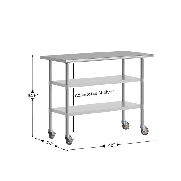 Flash Furniture Rawcliffe Stainless Steel Work Table 24in. x 48in. w/2 Undershelves and 4 Casters w/2 Locking - NH-WT-GU-2448-CAS-GG