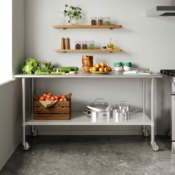 Flash Furniture Reader Work Table, Stainless Steel Top Shelf, 1.5in. Backsplash, Undershelf, 4 Casters, 2 Locking - NH-WT-3072BSP-CAS-GG
