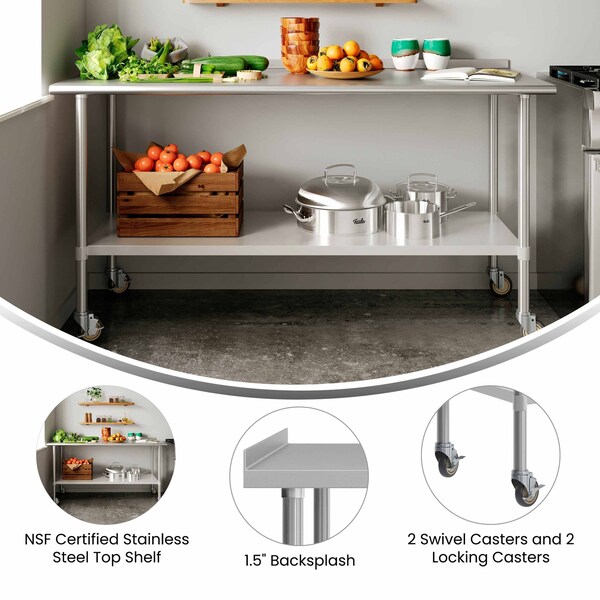 Flash Furniture Reader Work Table, Stainless Steel Top Shelf, 1.5in. Backsplash, Undershelf, 4 Casters, 2 Locking - NH-WT-3072BSP-CAS-GG