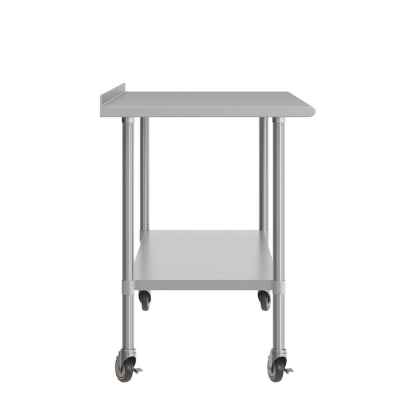 Flash Furniture Reader Work Table, Stainless Steel Top Shelf, 1.5in. Backsplash, Undershelf, 4 Casters, 2 Locking - NH-WT-3072BSP-CAS-GG