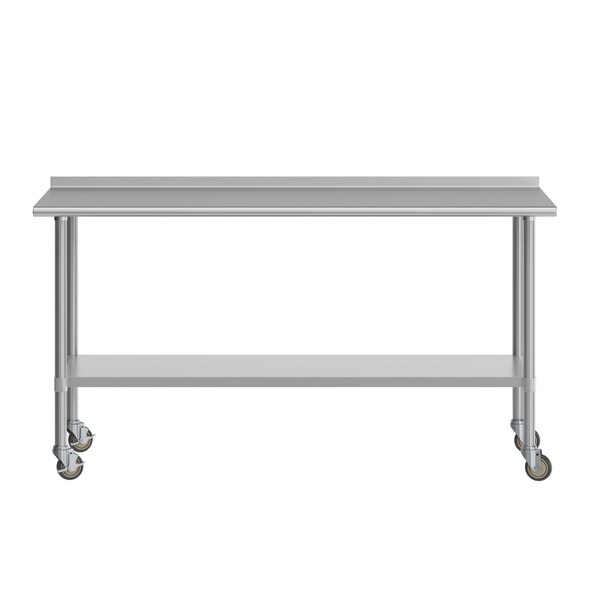 Flash Furniture Reader Work Table, Stainless Steel Top Shelf, 1.5in. Backsplash, Undershelf, 4 Casters, 2 Locking - NH-WT-3072BSP-CAS-GG