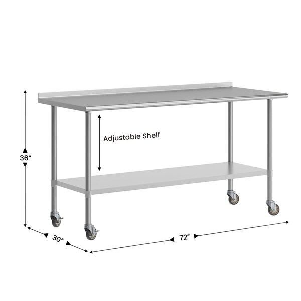 Flash Furniture Reader Work Table, Stainless Steel Top Shelf, 1.5in. Backsplash, Undershelf, 4 Casters, 2 Locking - NH-WT-3072BSP-CAS-GG