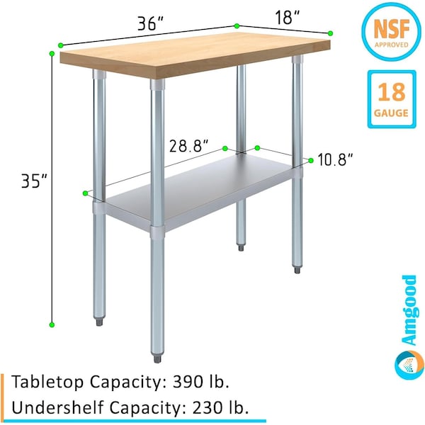 Amgood 18 in. x 36 in. Maple Wood Top Work Table with Adjustable Undershelf - MWWT-1836-Z