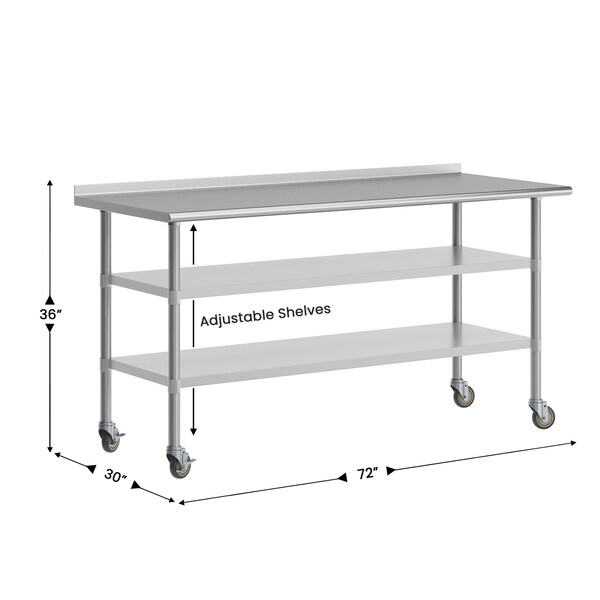 Flash Furniture Reader SS Work Table 30in. x 72in. w/1.5in. Backsplash, 2 Undershelves and 4 Casters, 2 Locking - NH-WT-GU-3072BSP-CAS-GG