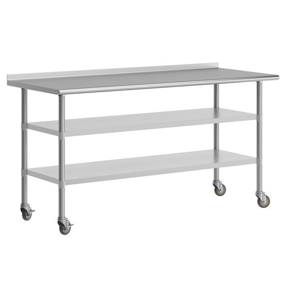 Flash Furniture Reader SS Work Table 30in. x 72in. w/1.5in. Backsplash, 2 Undershelves and 4 Casters, 2 Locking - NH-WT-GU-3072BSP-CAS-GG