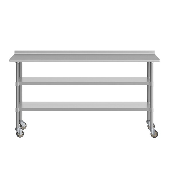 Flash Furniture Reader SS Work Table 30in. x 72in. w/1.5in. Backsplash, 2 Undershelves and 4 Casters, 2 Locking - NH-WT-GU-3072BSP-CAS-GG