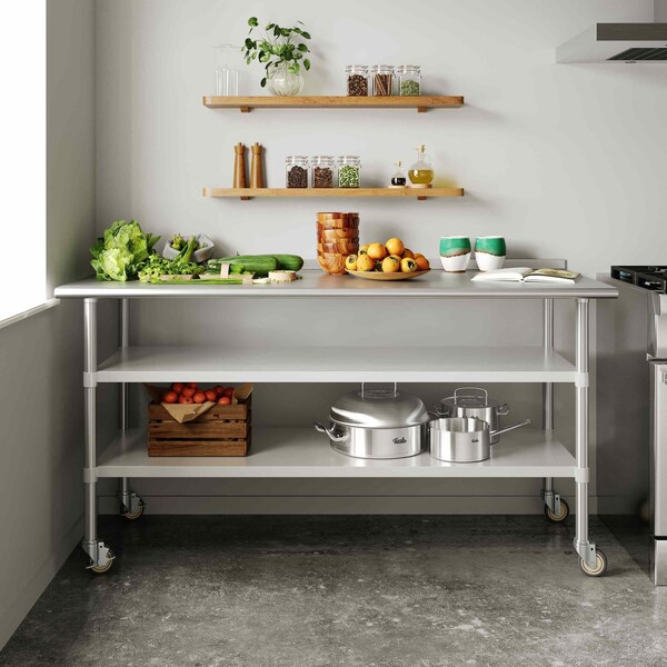 Flash Furniture Reader SS Work Table 30in. x 72in. w/1.5in. Backsplash, 2 Undershelves and 4 Casters, 2 Locking - NH-WT-GU-3072BSP-CAS-GG