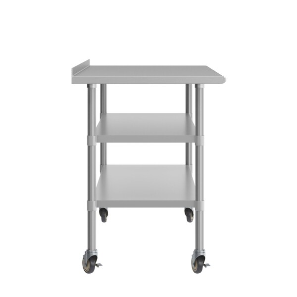 Flash Furniture Reader SS Work Table 30in. x 72in. w/1.5in. Backsplash, 2 Undershelves and 4 Casters, 2 Locking - NH-WT-GU-3072BSP-CAS-GG