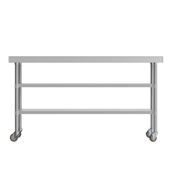 Flash Furniture Reader SS Work Table 30in. x 72in. w/1.5in. Backsplash, 2 Undershelves and 4 Casters, 2 Locking - NH-WT-GU-3072BSP-CAS-GG