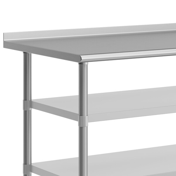 Flash Furniture Reader SS Work Table 30in. x 72in. w/1.5in. Backsplash, 2 Undershelves and 4 Casters, 2 Locking - NH-WT-GU-3072BSP-CAS-GG