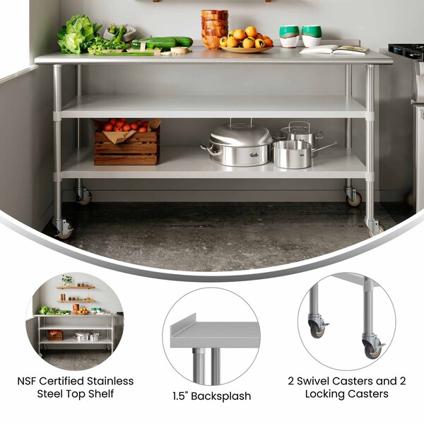 Flash Furniture Reader SS Work Table 30in. x 72in. w/1.5in. Backsplash, 2 Undershelves and 4 Casters, 2 Locking - NH-WT-GU-3072BSP-CAS-GG