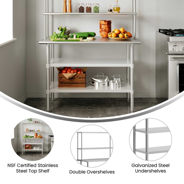 Flash Furniture Rawcliffe Work Table, 18 Gauge Stainless Steel Top Shelf and Double Overshelves, 2 Undershelves - NH-WT-GU-2448-OSH-GG