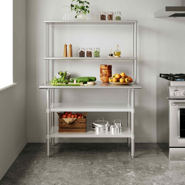 Flash Furniture Rawcliffe Work Table, 18 Gauge Stainless Steel Top Shelf and Double Overshelves, 2 Undershelves - NH-WT-GU-2448-OSH-GG