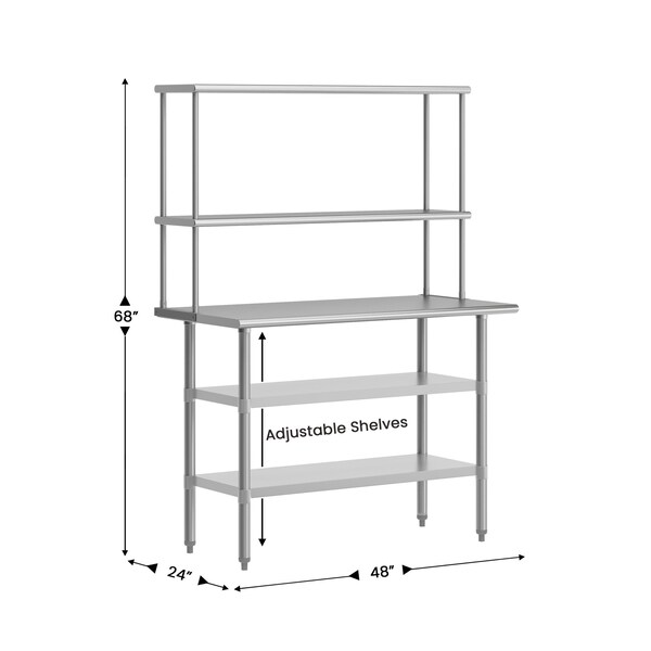 Flash Furniture Rawcliffe Work Table, 18 Gauge Stainless Steel Top Shelf and Double Overshelves, 2 Undershelves - NH-WT-GU-2448-OSH-GG
