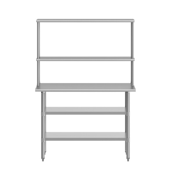 Flash Furniture Rawcliffe Work Table, 18 Gauge Stainless Steel Top Shelf and Double Overshelves, 2 Undershelves - NH-WT-GU-2448-OSH-GG
