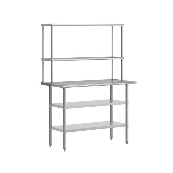 Flash Furniture Rawcliffe Work Table, 18 Gauge Stainless Steel Top Shelf and Double Overshelves, 2 Undershelves - NH-WT-GU-2448-OSH-GG