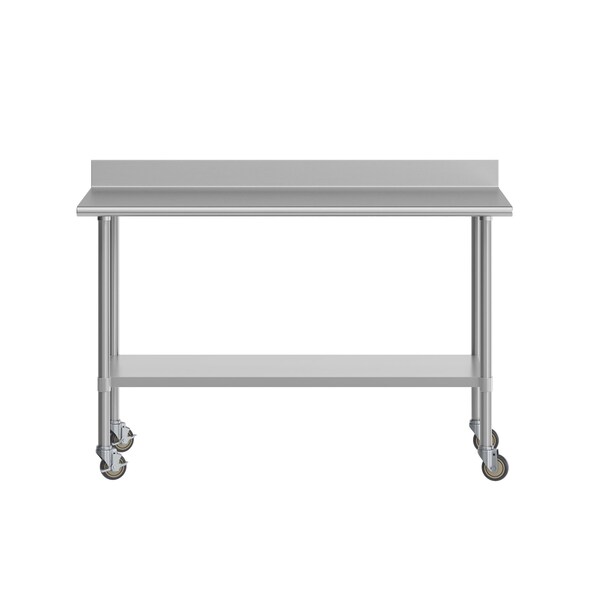 Flash Furniture Reese 30in. x 60in. Work Table, SS Top Shelf, 4in. Backsplash, Adjustable Undershelf, 4 Casters - NH-WT-3060-GG-B4-CAS-GG