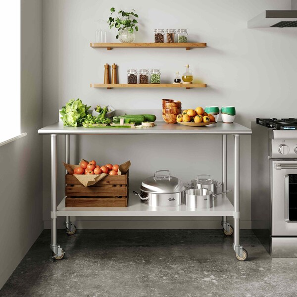 Flash Furniture Reese 30in. x 60in. Work Table, SS Top Shelf, 4in. Backsplash, Adjustable Undershelf, 4 Casters - NH-WT-3060-GG-B4-CAS-GG