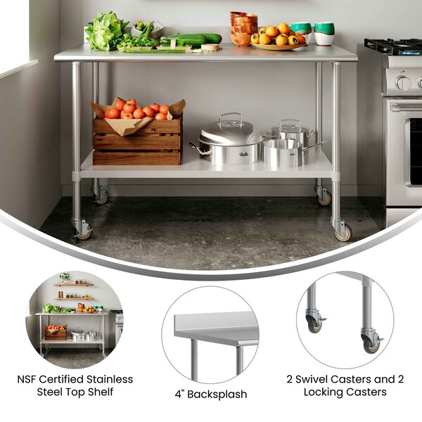 Flash Furniture Reese 30in. x 60in. Work Table, SS Top Shelf, 4in. Backsplash, Adjustable Undershelf, 4 Casters - NH-WT-3060-GG-B4-CAS-GG