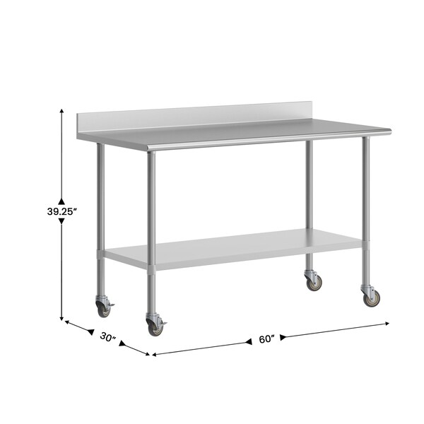 Flash Furniture Reese 30in. x 60in. Work Table, SS Top Shelf, 4in. Backsplash, Adjustable Undershelf, 4 Casters - NH-WT-3060-GG-B4-CAS-GG