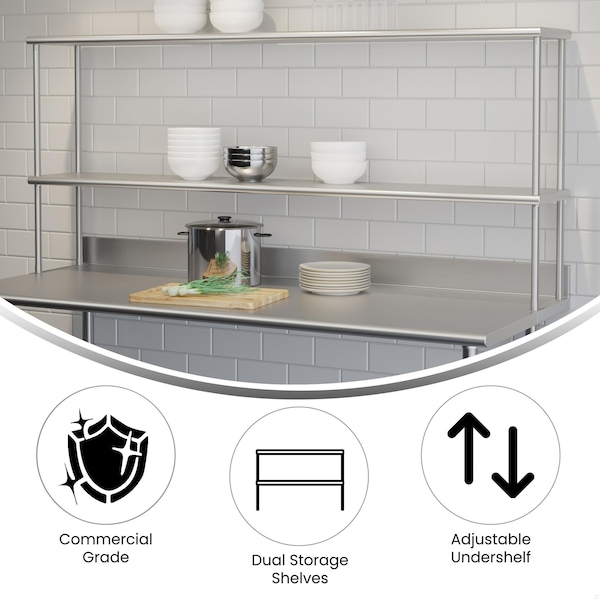 Flash Furniture Reese 430 Stainless Steel 18 Gauge NSF Certified 72-in x 12-in Metal Kitchen Double Overshelf - NH-OSD-1272-GG