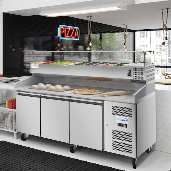 Koolmore 79 in. Three-Door Refrigerated Granite Top Pizza Prep Station w/ Refrigerated Condiment Pan Holder - KM-RPCPS-2D79-GRT