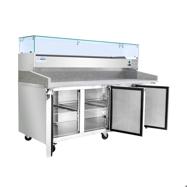 Koolmore 79 in. Three-Door Refrigerated Granite Top Pizza Prep Station w/ Refrigerated Condiment Pan Holder - KM-RPCPS-2D79-GRT