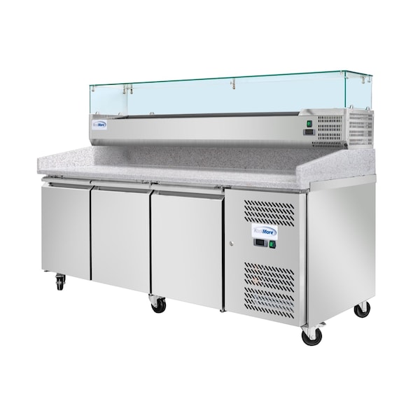Koolmore 79 in. Three-Door Refrigerated Granite Top Pizza Prep Station w/ Refrigerated Condiment Pan Holder - KM-RPCPS-2D79-GRT